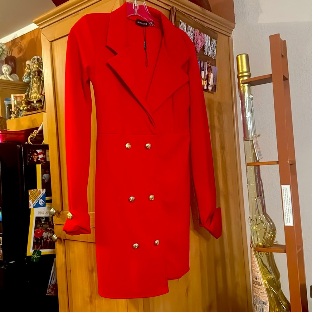 PrettyLittleThing Red Gold Button Detail Blazer Dress